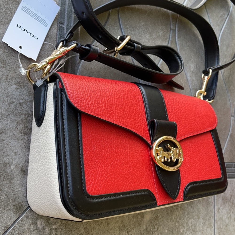 COACH Georgie Shoulder Bag In Colorblock Color: Gold/Bright Poppy Multi - Picture 3 of 16